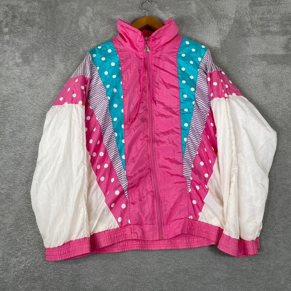 Casual Isle Windbreaker Womens XL Pink Polka Dot Colorblock Retro 80s Jacket
